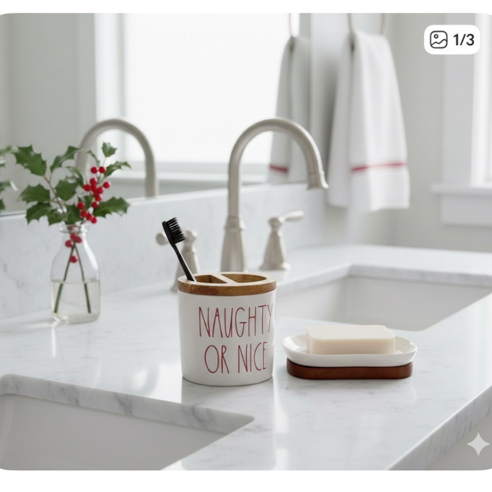 Rae Dunn “NAUGHTY OR NICE" Christmas Ceramic Toothbrush Holder - Picture 3 of 4